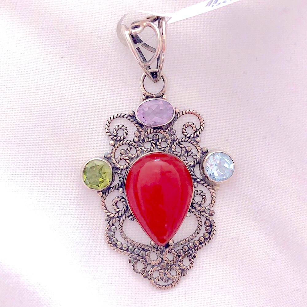 Artisan Carnelian Opal Pendant Amethyst Sterling Silver